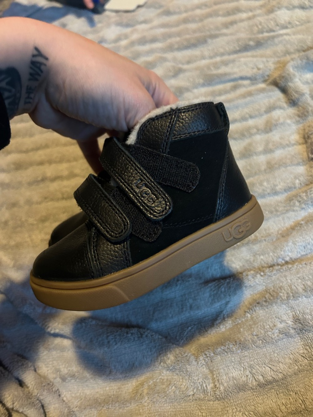 UGG Kids Black Leather Boot Sneakers with Tan Sole